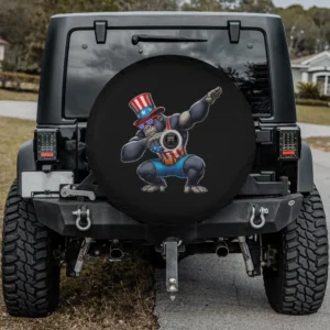 Dabbing gorilla with Uncle Sam hat and flag tank top spare tire cover, with backup camera hole