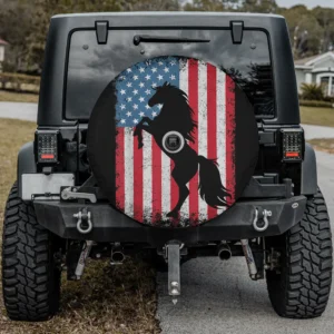 Distressed horse silhouette American flag spare tire cover with backup camera hole for Jeep Wrangler