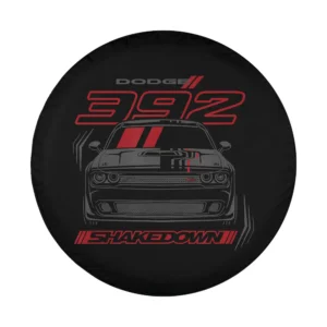 Closeup of Dodge Challenger 392 Shakedown Last Call graphic design on spare tire cover