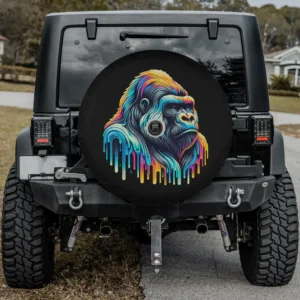 Dripping paint art silverback gorilla spare tire cover with camera hole on Jeep
