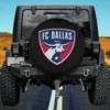 FC Dallas logo bull MLS spare tire cover on Jeep rear tire no camera hole