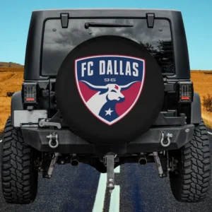 FC Dallas logo bull MLS spare tire cover on Jeep rear tire no camera hole