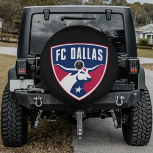FC Dallas logo bull MLS spare tire cover on Jeep rear tire with camera hole