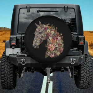 Floral horse head wildflower art spare tire cover on Jeep with no camera hole