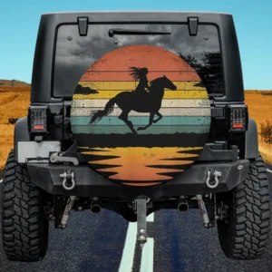 Girl horse riding vintage cowgirl retro sunset spare tire cover without camera hole