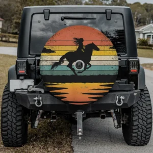 Girl horse riding vintage cowgirl retro sunset spare tire cover with camera hole