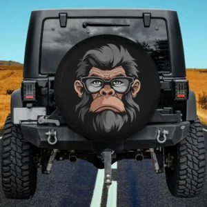 Spare tire cover with cartoon gorilla face wearing glasses, no camera hole, fits Jeep SUV RV
