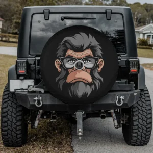 Cartoon gorilla face with glasses spare tire cover, with backup camera hole, for Jeep SUV RV