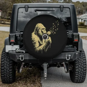 Gorilla Bigfoot blowing dandelion funny ape primate spare tire cover with camera hole