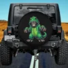 Gorilla in green dinosaur costume Halloween cosplay spare tire cover on Jeep