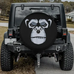 Bold gorilla face graphic animal print spare tire cover with backup camera hole