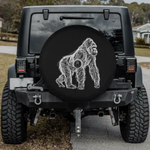 white line art sketch gorilla wildlife spare tire cover with camera hole
