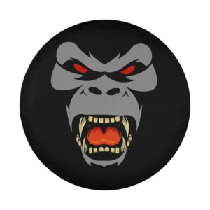 Close-up of fierce gorilla face with red eyes spare tire cover design