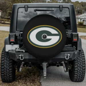 Green Bay Packers logo black spare tire cover with camera hole on Jeep