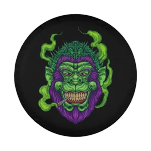 Psychedelic green gorilla smoking weed with purple fur and cannabis smoke design