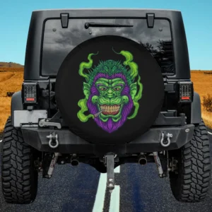 Green smoking gorilla with purple weed cannabis design on spare tire cover, no camera hole