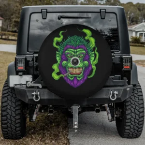 Green smoking gorilla purple weed cannabis spare tire cover with backup camera hole