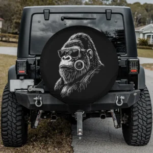 Hand-drawn gorilla with sunglasses sketch spare tire cover with camera hole
