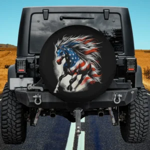 Patriotic wild horse with American flag mane spare tire cover on Jeep