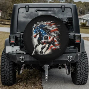 Horse American flag USA 4th of July spare tire cover with camera hole