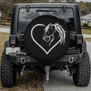 Sketched horse head heart outline spare tire cover for Jeep with backup camera hole