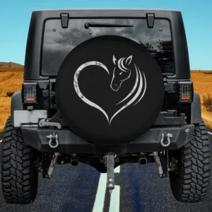 Black spare tire cover with white horse heart silhouette design no camera hole