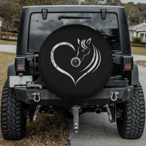 Black spare tire cover with white horse heart silhouette design with camera hole