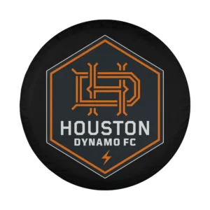 Houston Dynamo FC hexagon logo design with orange and gray lines and lightning bolt