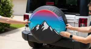 How to install a spare tire cover showing hands pulling custom mountain design cover over Jeep Wrangler rear tire