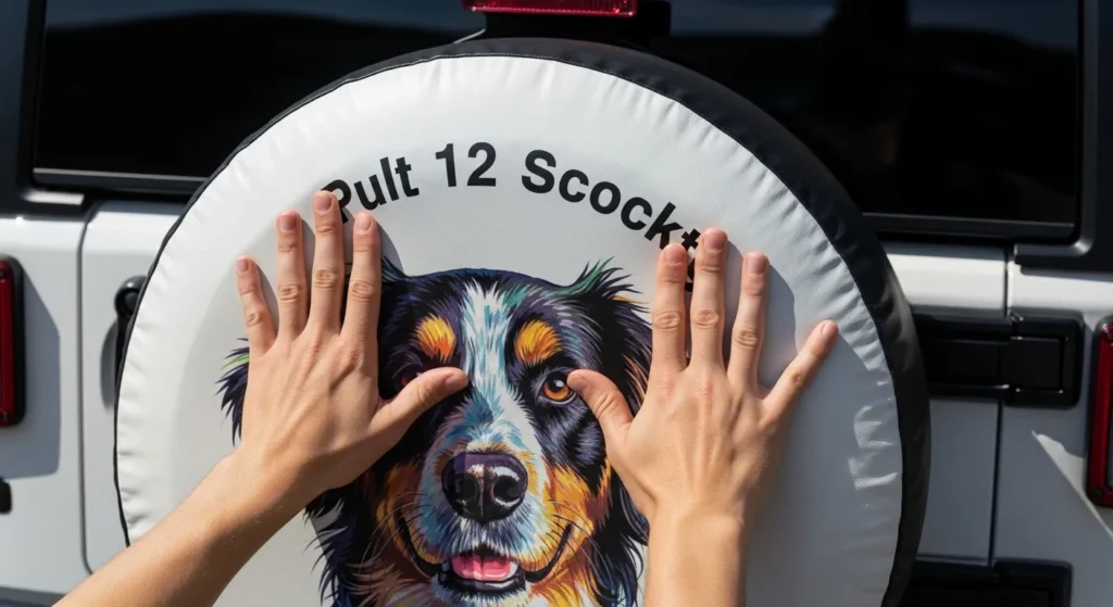 How to put on a spare tire cover: start at the 12 o'clock position with both hands evenly placed