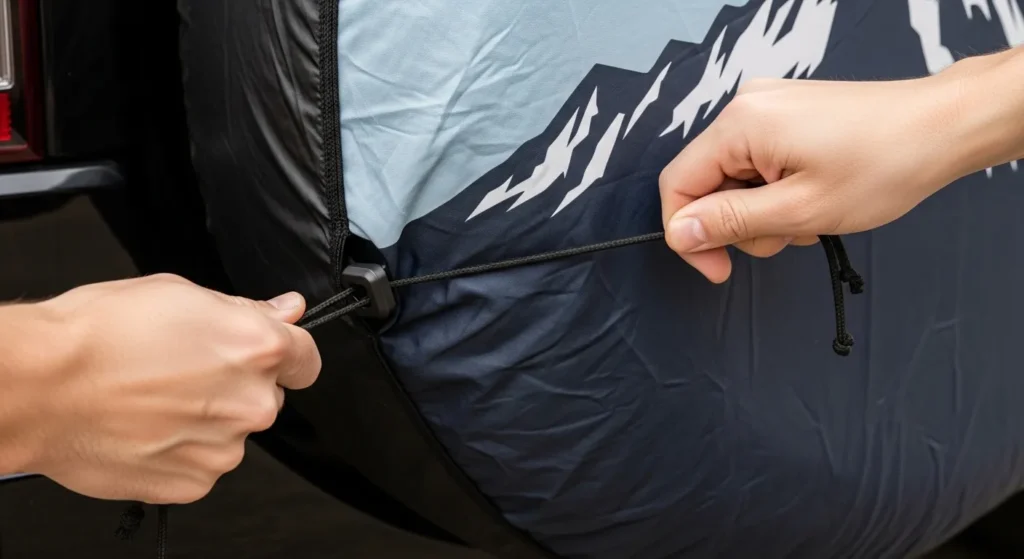 Tighten the drawcord firmly with both hands pulling evenly — this is the most critical step
