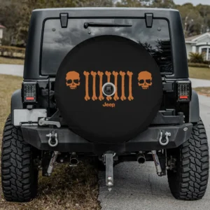 Jeep Bone Grille Orange spare tire cover with camera hole installed on Jeep