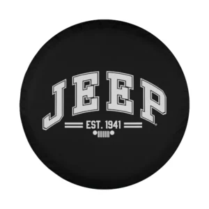 Close-up of Jeep Collegiate white print design on spare tire cover