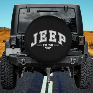 Jeep Collegiate white print spare tire cover without camera hole on black Jeep