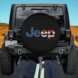 Jeep flag wordmark logo spare tire cover black background no camera hole