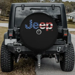 Jeep flag wordmark logo spare tire cover black background with camera hole