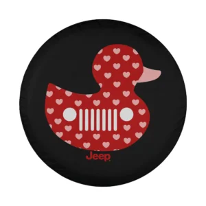 Red duck with hearts and Jeep grille graphic design for spare tire cover