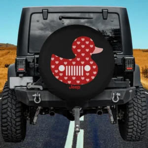 Red duck with hearts and Jeep grille design spare tire cover no camera hole