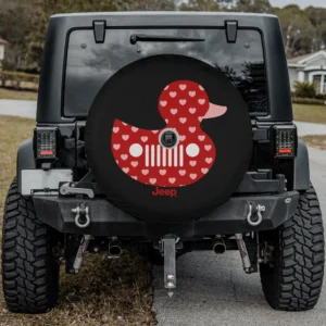 Red duck with hearts and Jeep grille design spare tire cover with camera hole