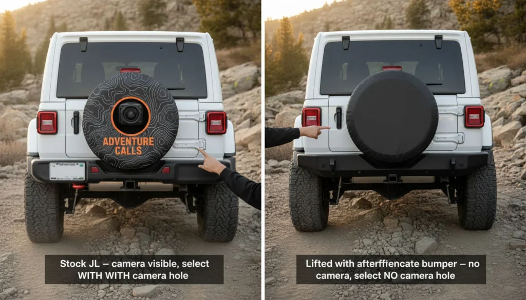 Jeep spare tire covers stock vs lifted camera hole check stock JL vs aftermarket bumper