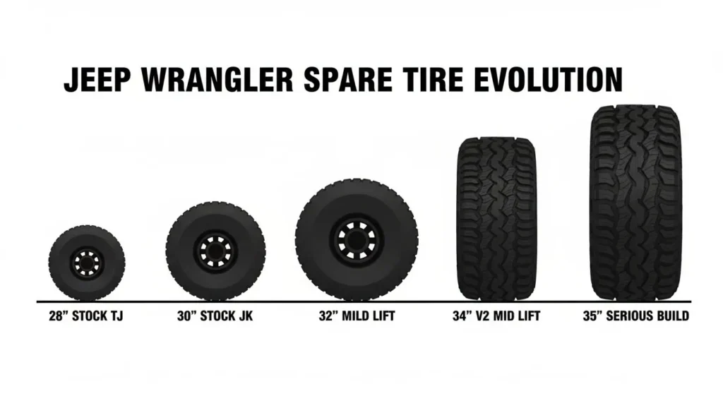 Jeep spare tire covers stock vs lifted size progression 28 inch to 35 inch