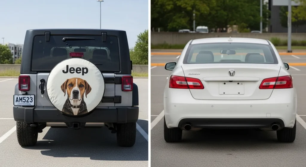 Jeep Wrangler external spare tire visible from behind compared to sedan with hidden spare showing why custom covers matter