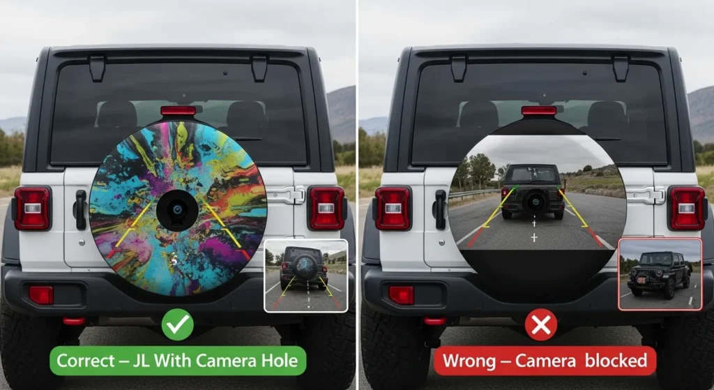 Jeep Wrangler JL spare tire cover camera hole correct with hole camera working vs wrong no hole blocked
