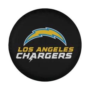 Close-up of Los Angeles Chargers logo black spare tire cover design