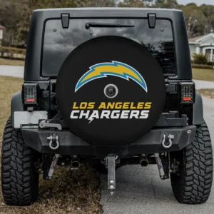 Los Angeles Chargers logo black spare tire cover with camera hole on Jeep rear
