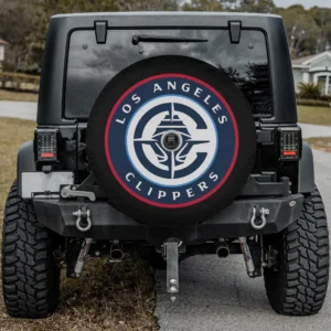 Los Angeles Clippers logo spare tire cover with backup camera hole installed on Jeep