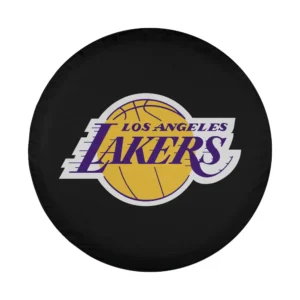 Close-up of Los Angeles Lakers logos NBA spare tire cover design in purple and gold on black