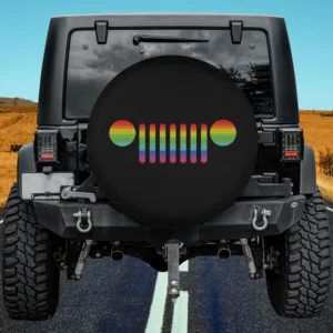Mens Jeep Pride 7-slot grille rainbow spare tire cover no camera hole on black Jeep rear