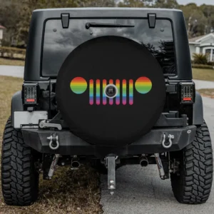 Mens Jeep Pride 7-slot grille rainbow spare tire cover with camera hole on Jeep Wrangler