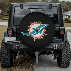 Miami Dolphins NFL fan gear spare tire cover with backup camera hole on Jeep